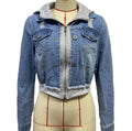 Cropped Hooded Denim Jacket With Ribbed Hem - D-Bluegrey