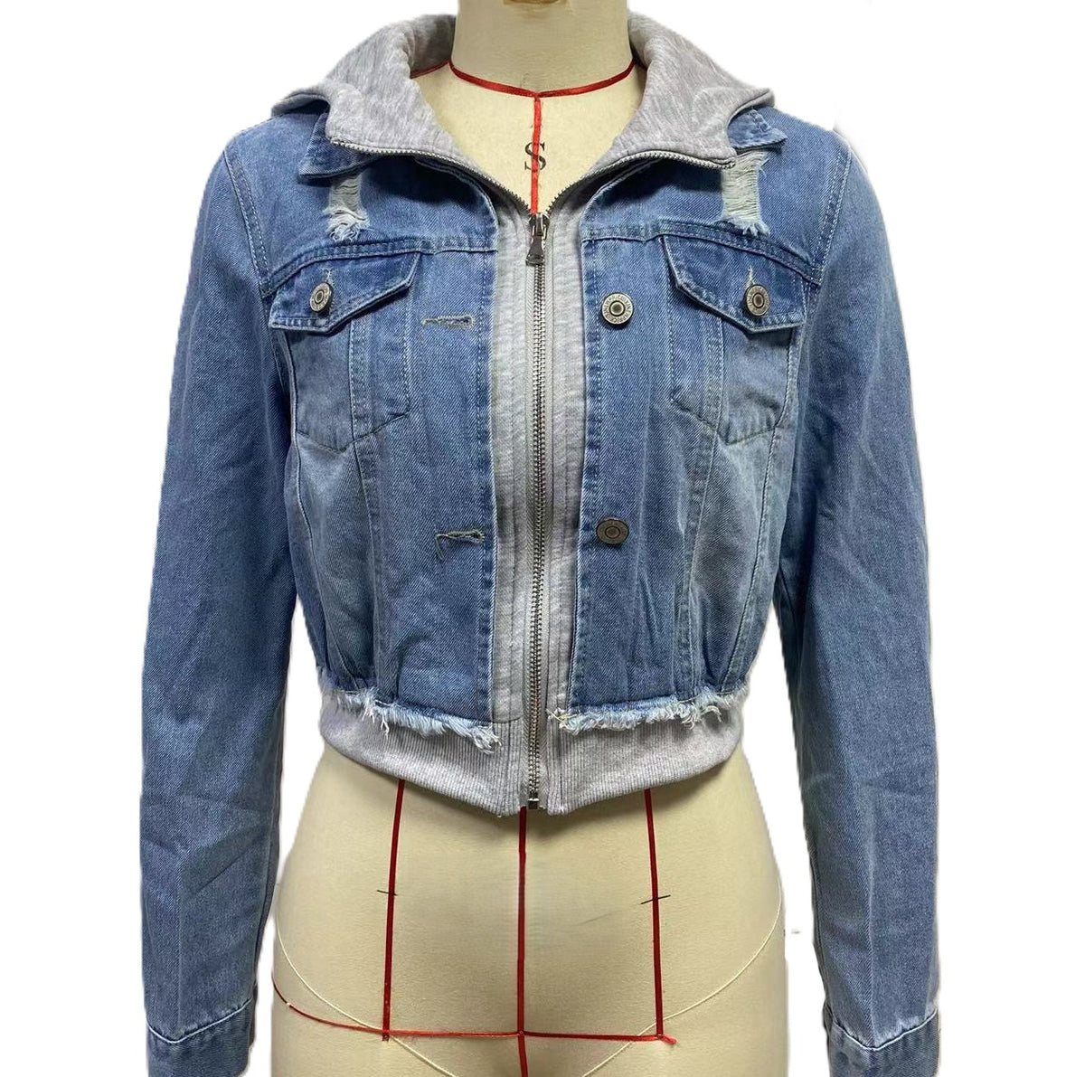Cropped Hooded Denim Jacket With Ribbed Hem - D-Bluegrey