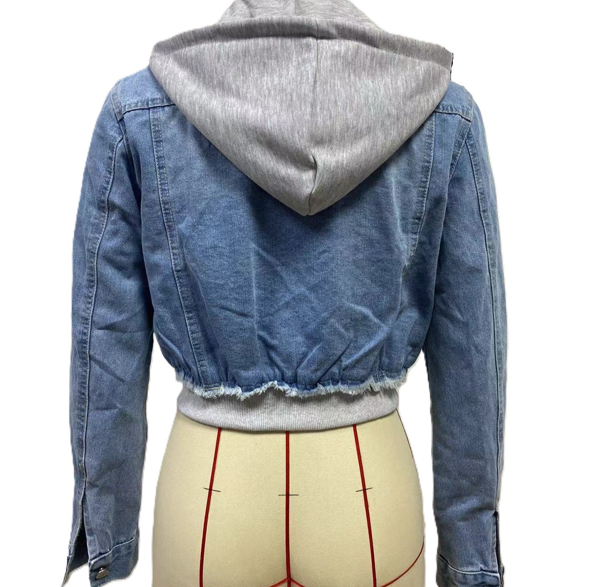 Cropped Hooded Denim Jacket With Ribbed Hem - D-Bluegrey - 1