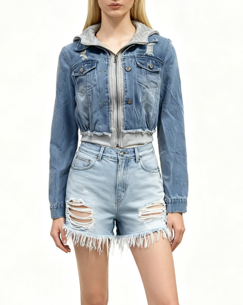 Cropped Hooded Denim Jacket With Ribbed Hem - view 1