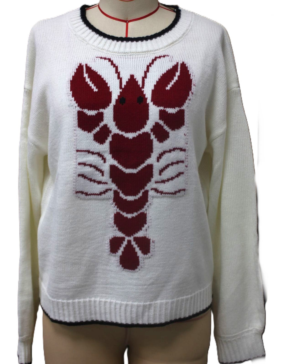 Lobster Jacquard Crew Neck Knit Sweater - White
