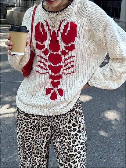 Lobster Jacquard Crew Neck Knit Sweater