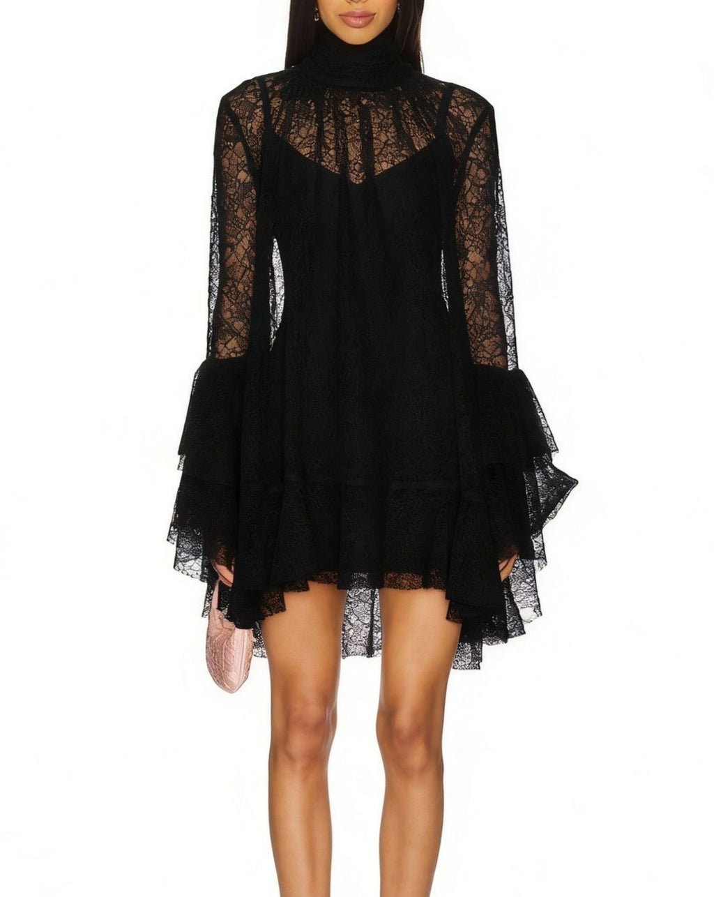High Neck Lace Ruffle Mini Dress - Black