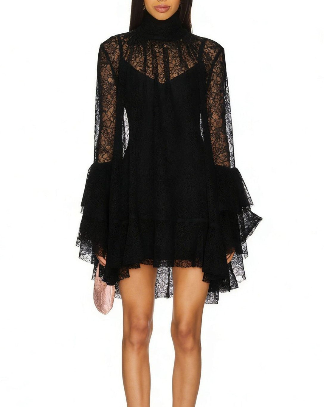 High Neck Lace Ruffle Mini Dress - Black