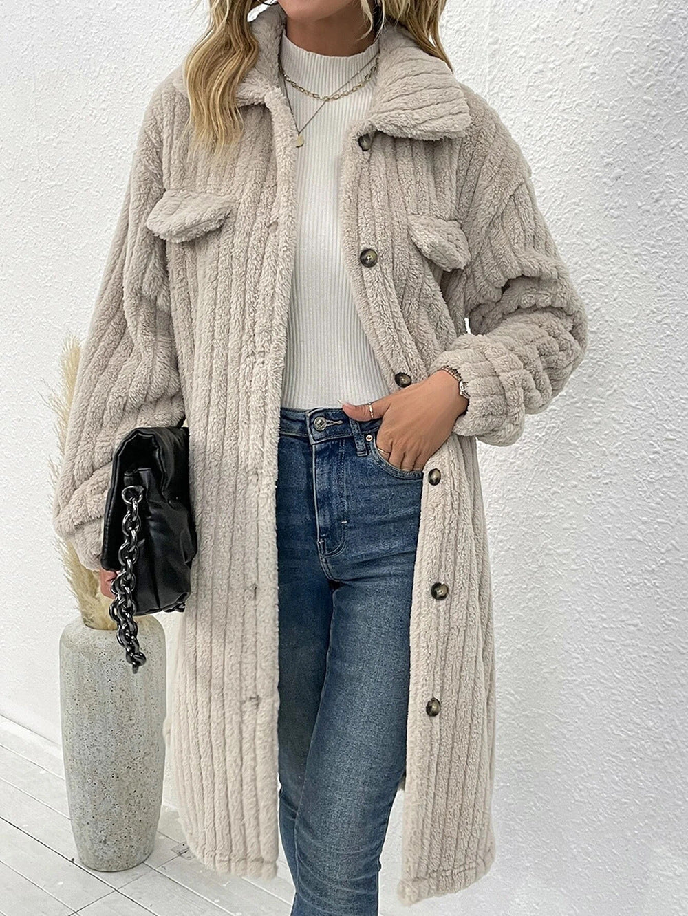 Ribbed Teddy Fleece Longline Shirt Collar Coat - Apricot