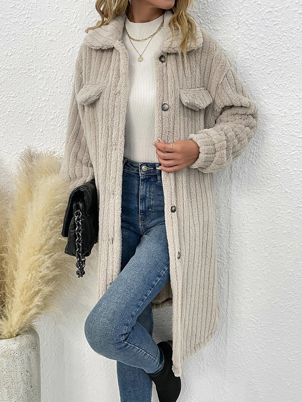 Ribbed Teddy Fleece Longline Shirt Collar Coat - Apricot - 1