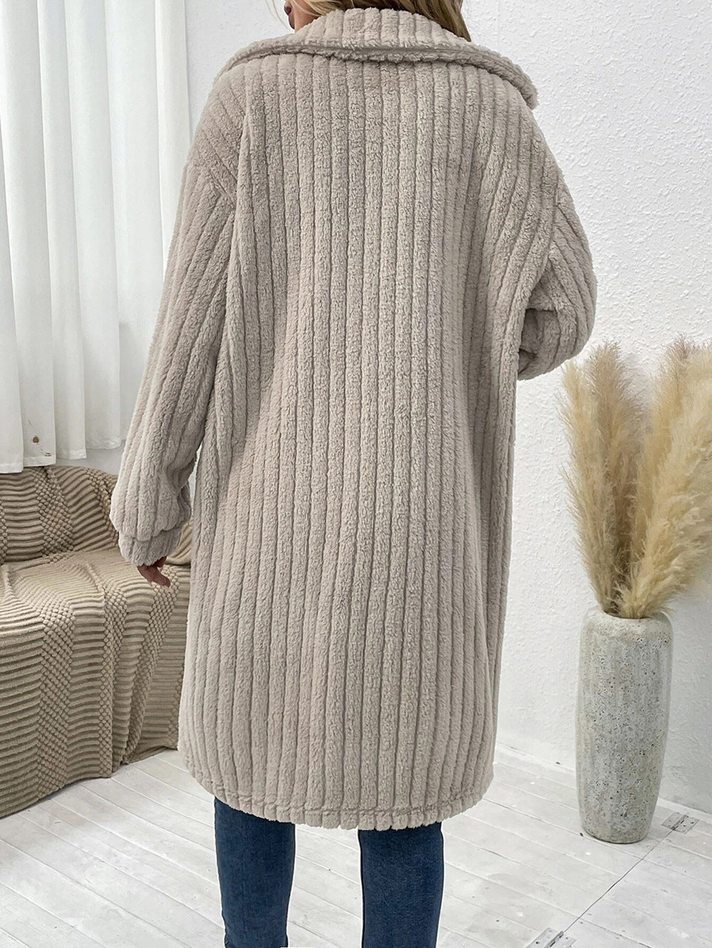 Ribbed Teddy Fleece Longline Shirt Collar Coat - Apricot - 2