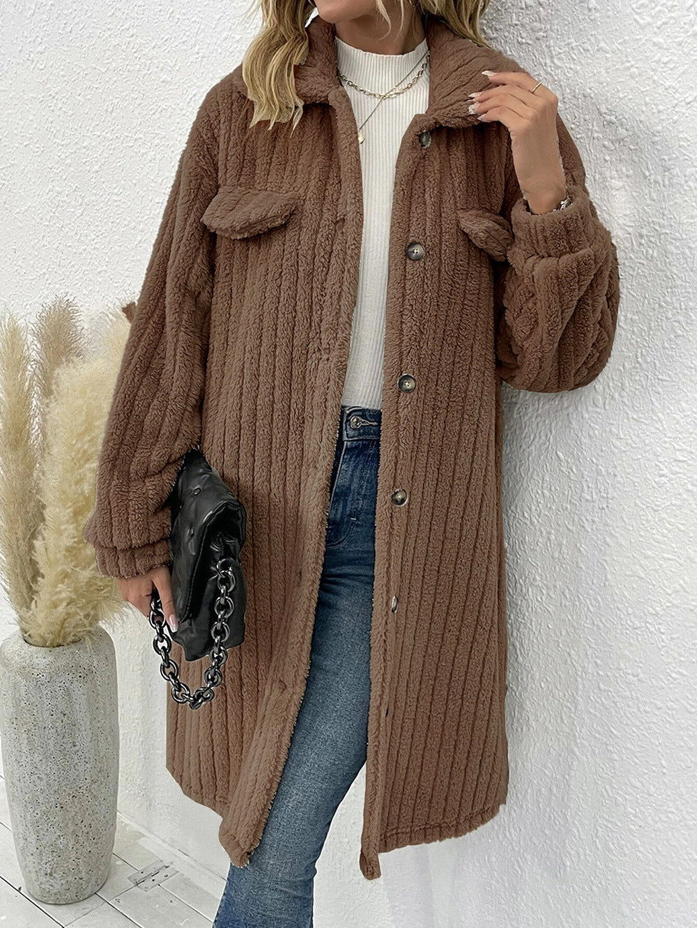 Ribbed Teddy Fleece Longline Shirt Collar Coat - Coffee