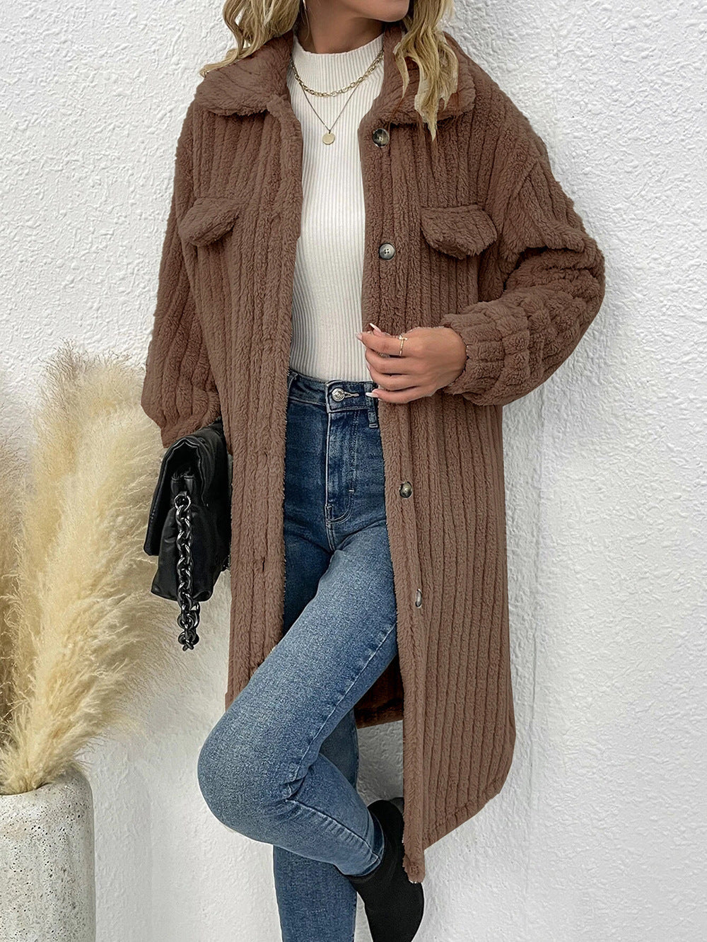 Ribbed Teddy Fleece Longline Shirt Collar Coat - Coffee - 1