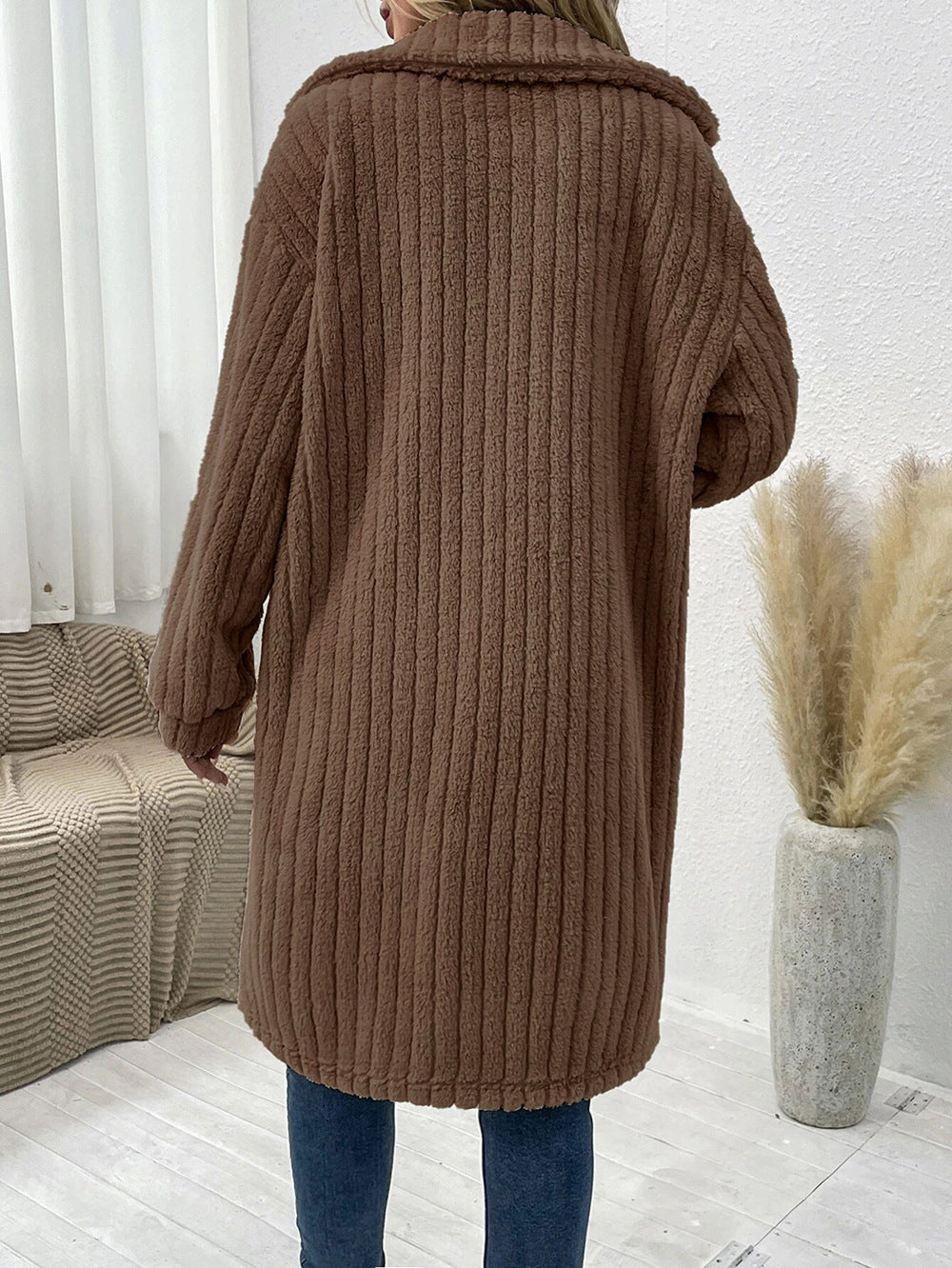 Ribbed Teddy Fleece Longline Shirt Collar Coat - Coffee - 2
