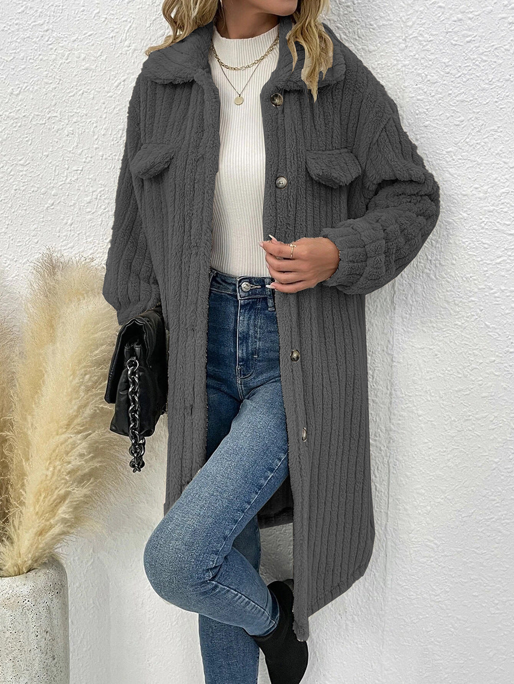 Ribbed Teddy Fleece Longline Shirt Collar Coat - DarkGray