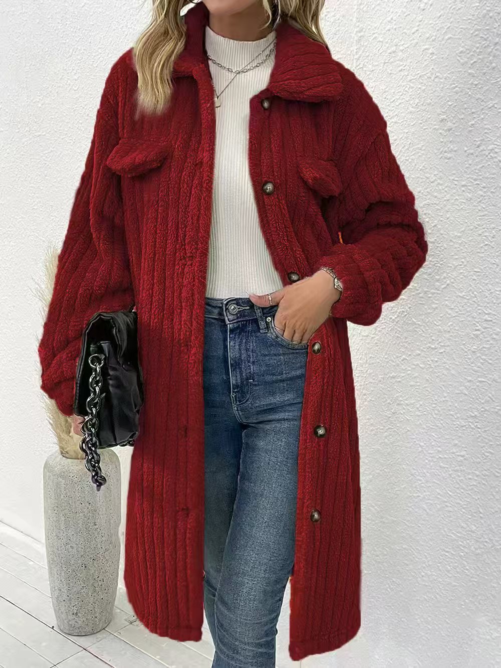 Ribbed Teddy Fleece Longline Shirt Collar Coat - WineRed