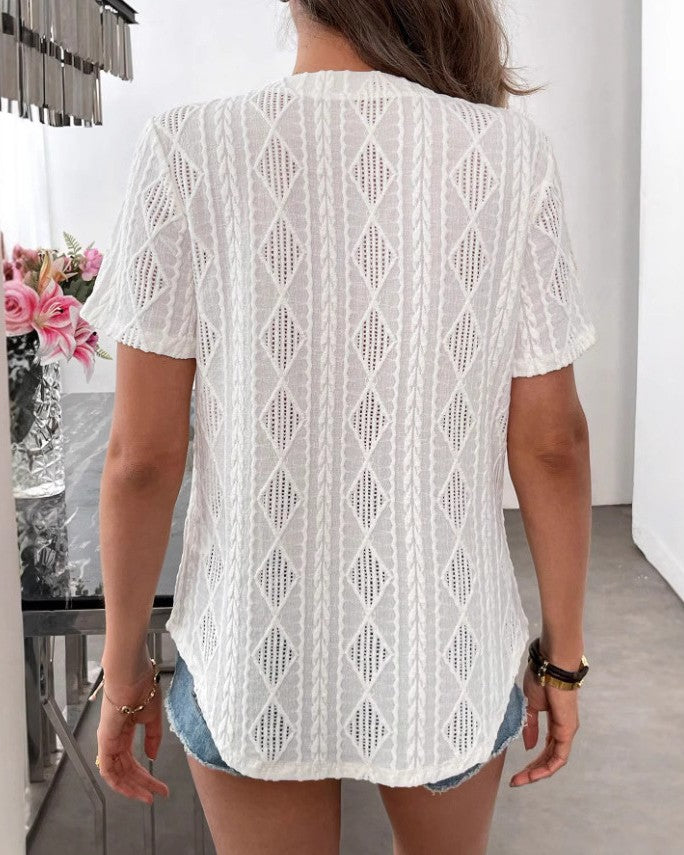 Pointelle Knit V-Neck Scallop Hem Tee - White - 3