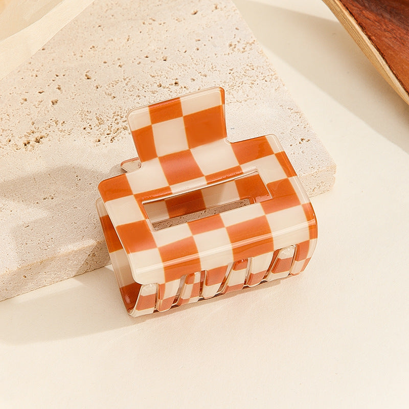 Checkerboard Mini Square Hair Claw Clip - Orange