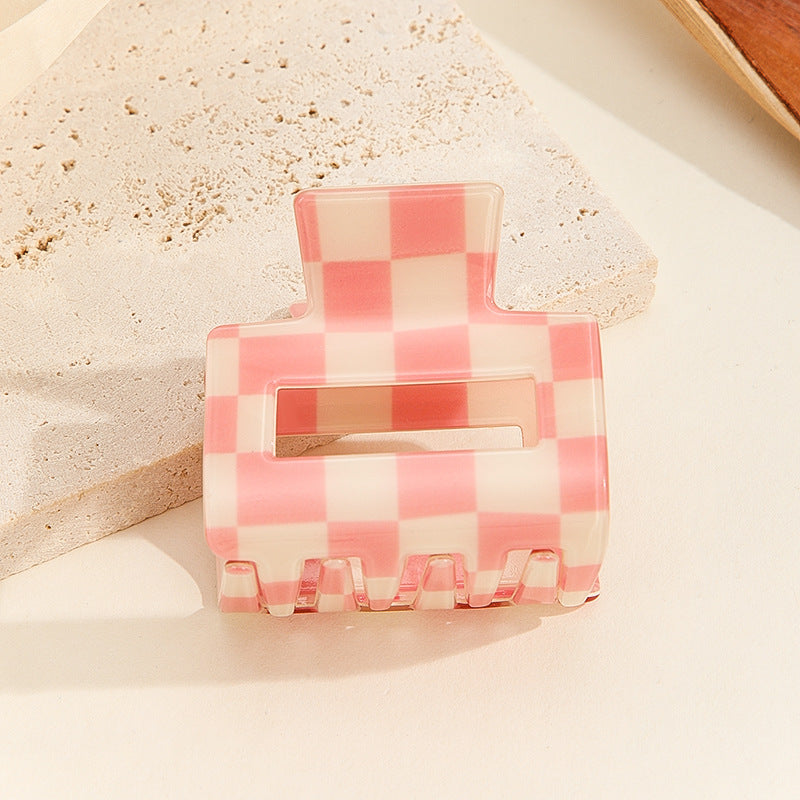 Checkerboard Mini Square Hair Claw Clip - Pink