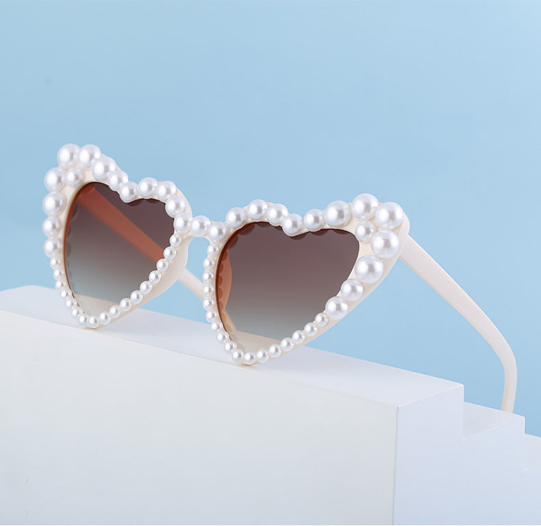 Pearl Trim Heart Shaped Sunglasses - Beige