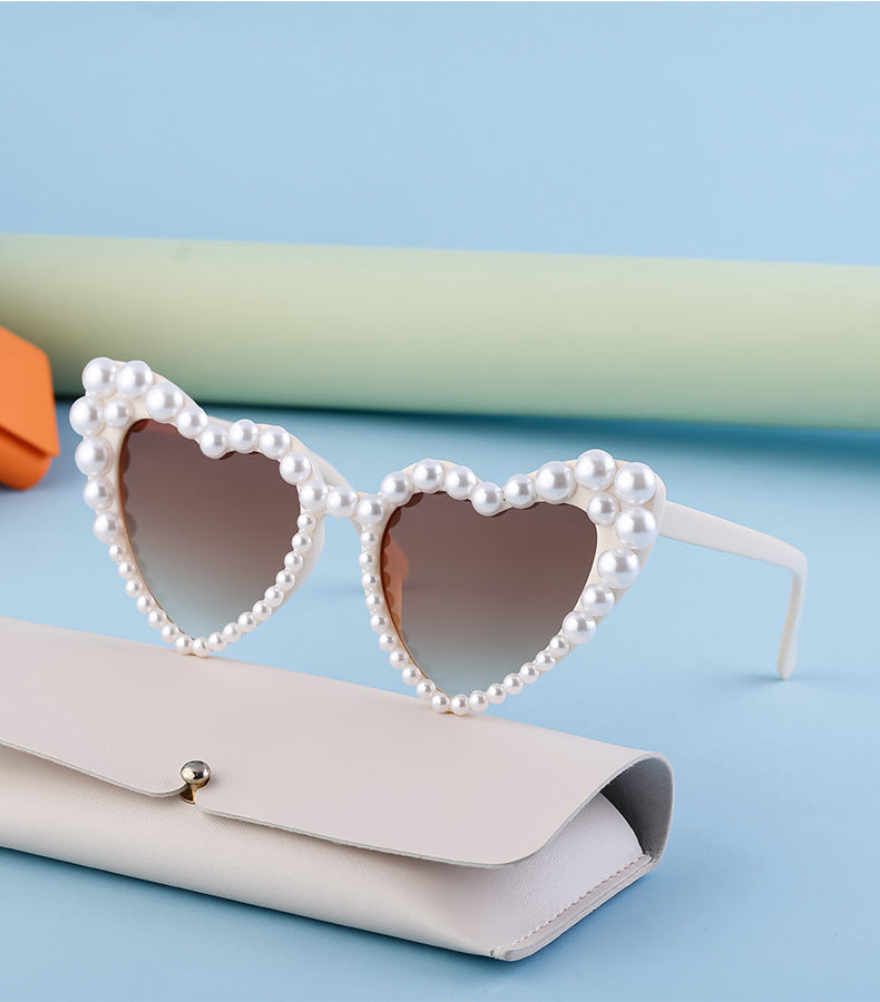 Pearl Trim Heart Shaped Sunglasses - Beige - 1