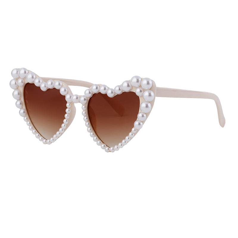 Pearl Trim Heart Shaped Sunglasses - Beige - 2