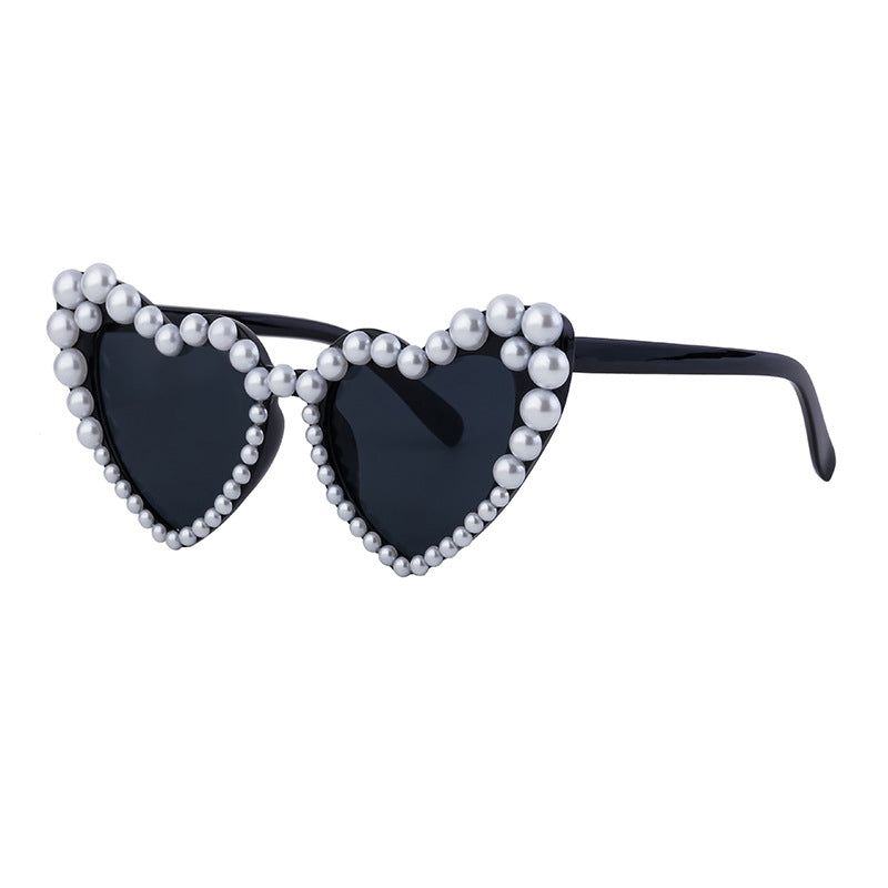 Pearl Trim Heart Shaped Sunglasses - Black - 1
