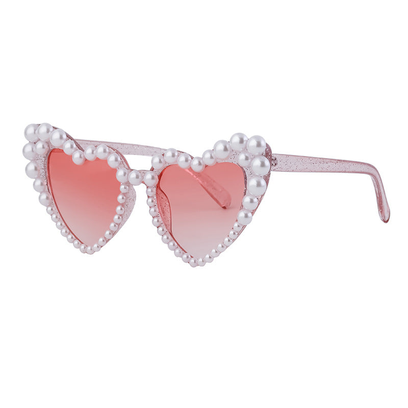 Pearl Trim Heart Shaped Sunglasses - Pink - 1