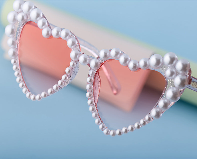 Pearl Trim Heart Shaped Sunglasses - Pink - 2