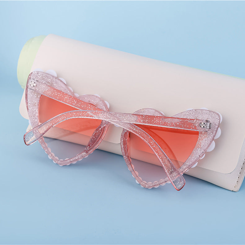 Pearl Trim Heart Shaped Sunglasses - Pink - 3