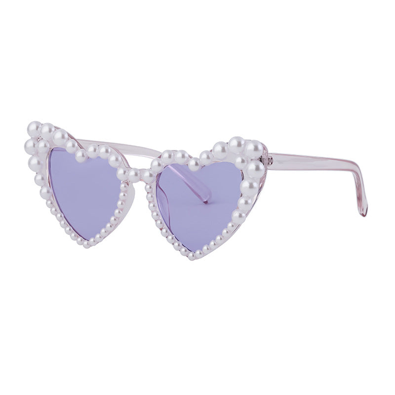 Pearl Trim Heart Shaped Sunglasses - Purple