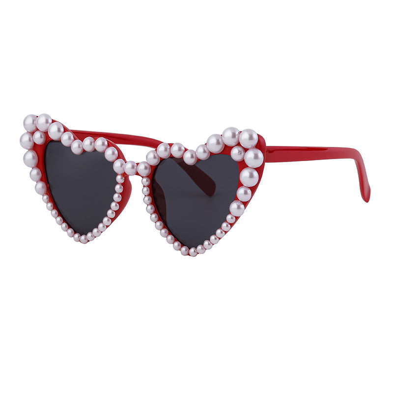 Pearl Trim Heart Shaped Sunglasses - Red
