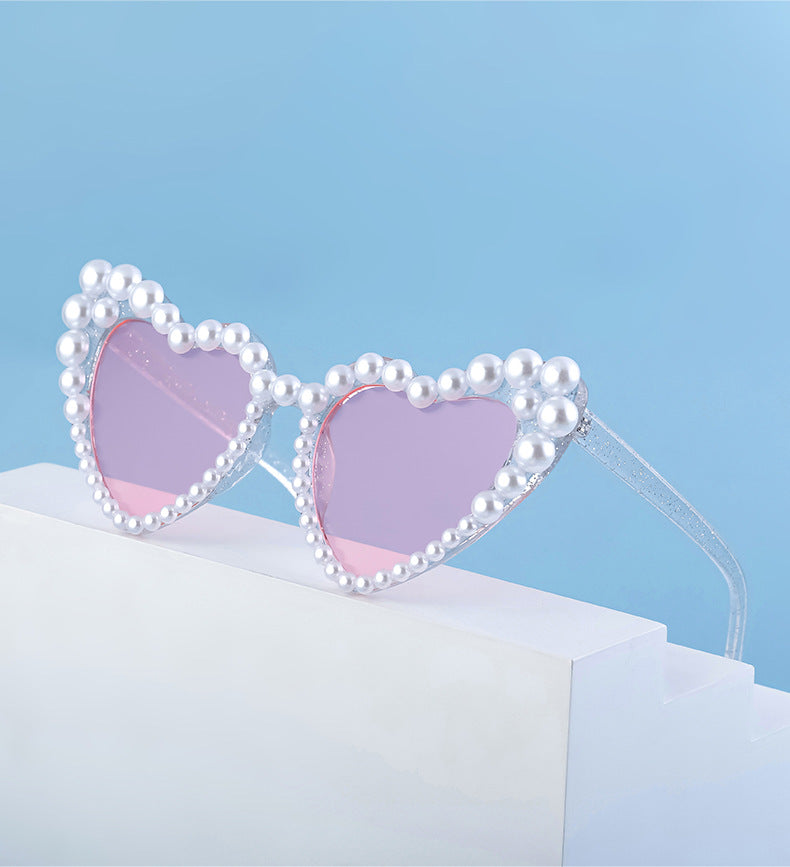 Pearl Trim Heart Shaped Sunglasses - Transparent