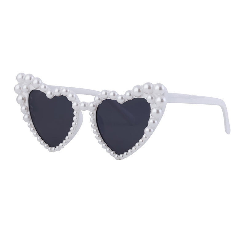 Pearl Trim Heart Shaped Sunglasses - White