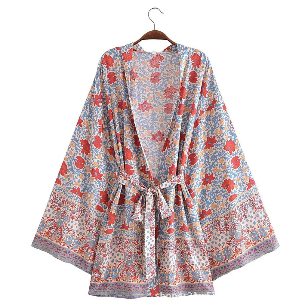 Boho Blossom Print Kimono With Waist Tie - Beige