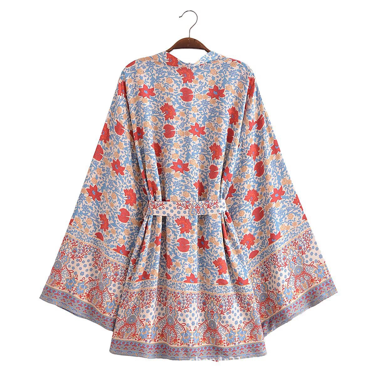 Boho Blossom Print Kimono With Waist Tie - Beige - 2