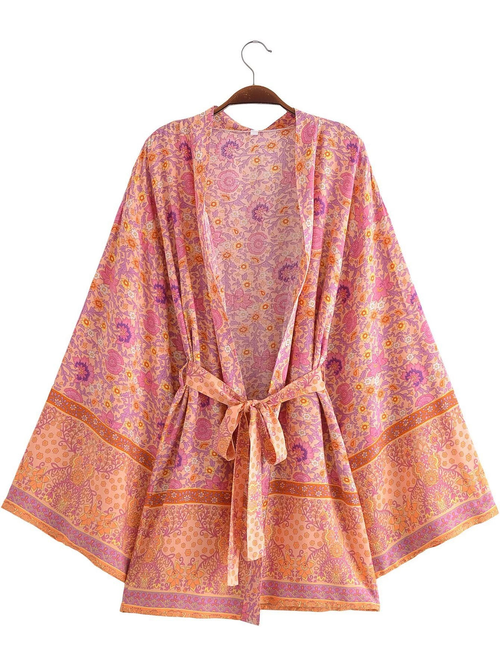 Boho Blossom Print Kimono With Waist Tie - Orange