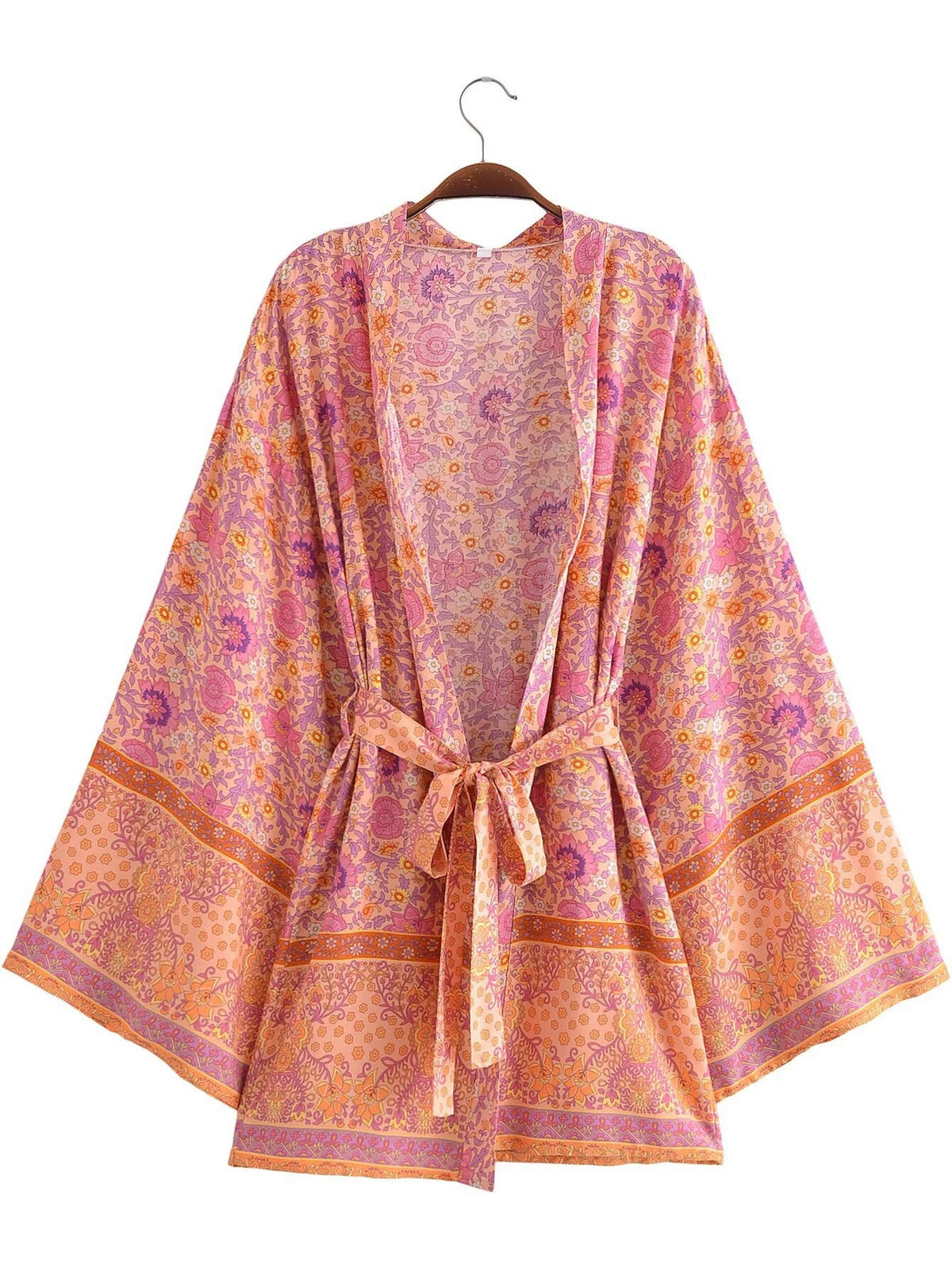 Boho Blossom Print Kimono With Waist Tie - Orange