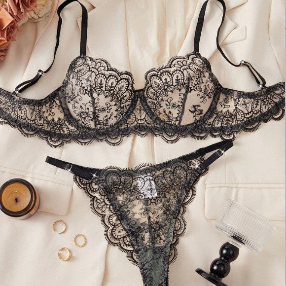 Black Scalloped Embroidered Mesh Bra And Thong Set - Black