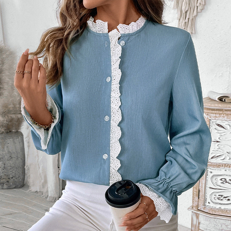 Lace Trim Ruffle Collar Chambray Shirt - Blue - 1