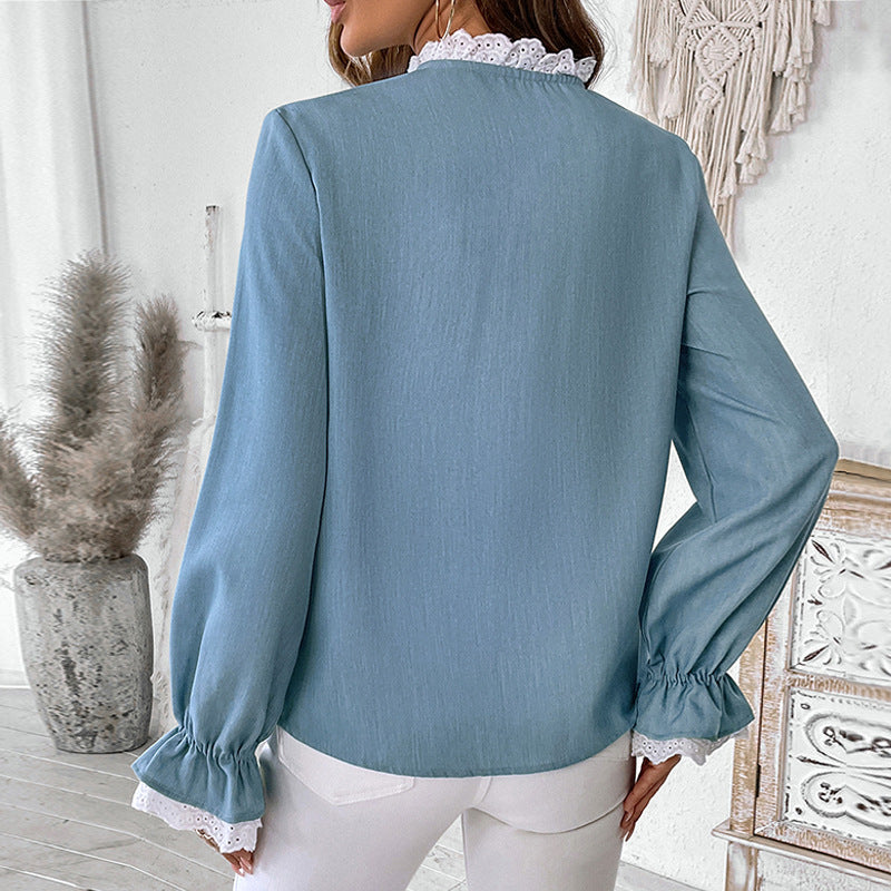 Lace Trim Ruffle Collar Chambray Shirt - Blue - 2
