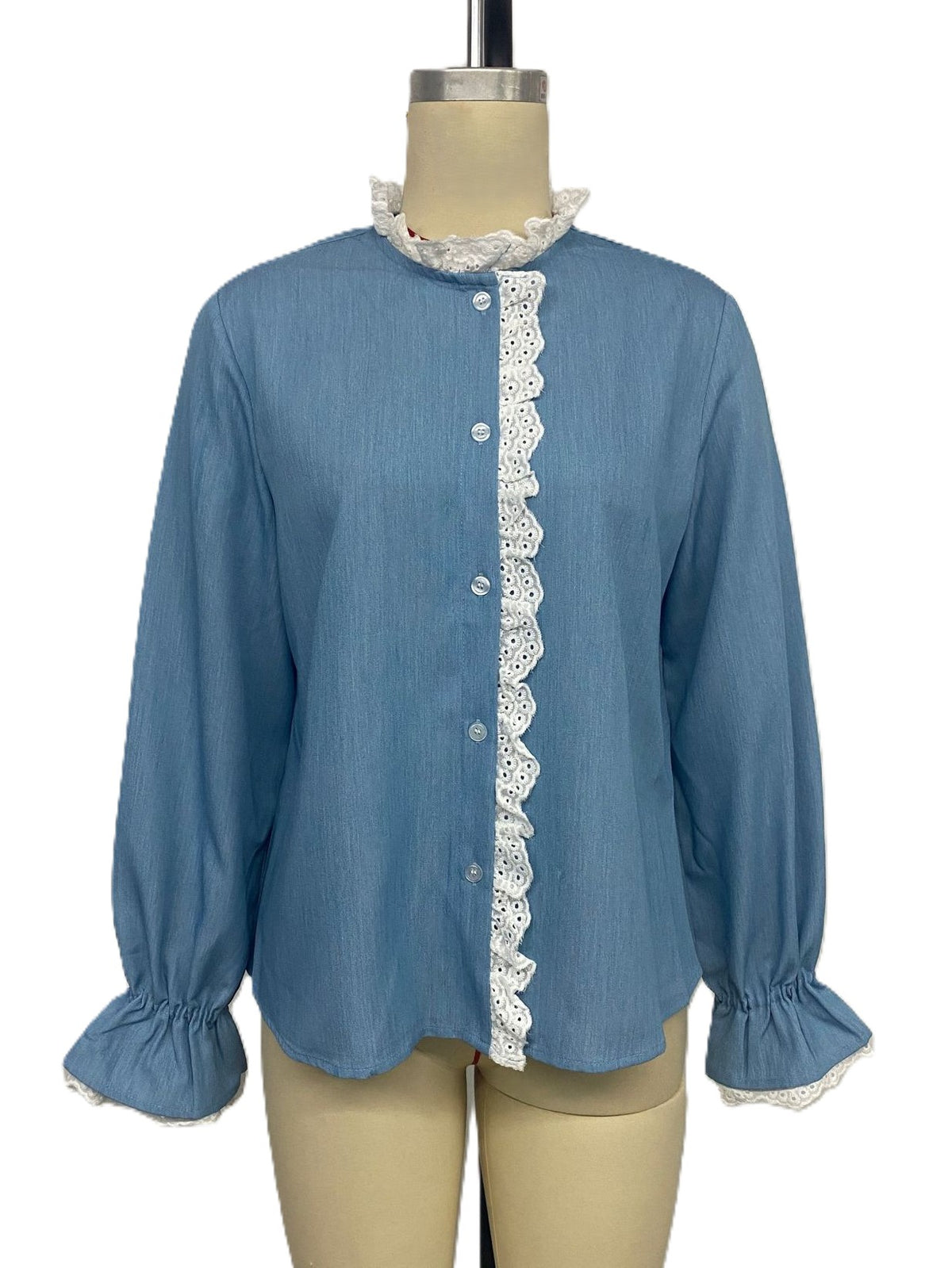 Lace Trim Ruffle Collar Chambray Shirt - Blue - 4