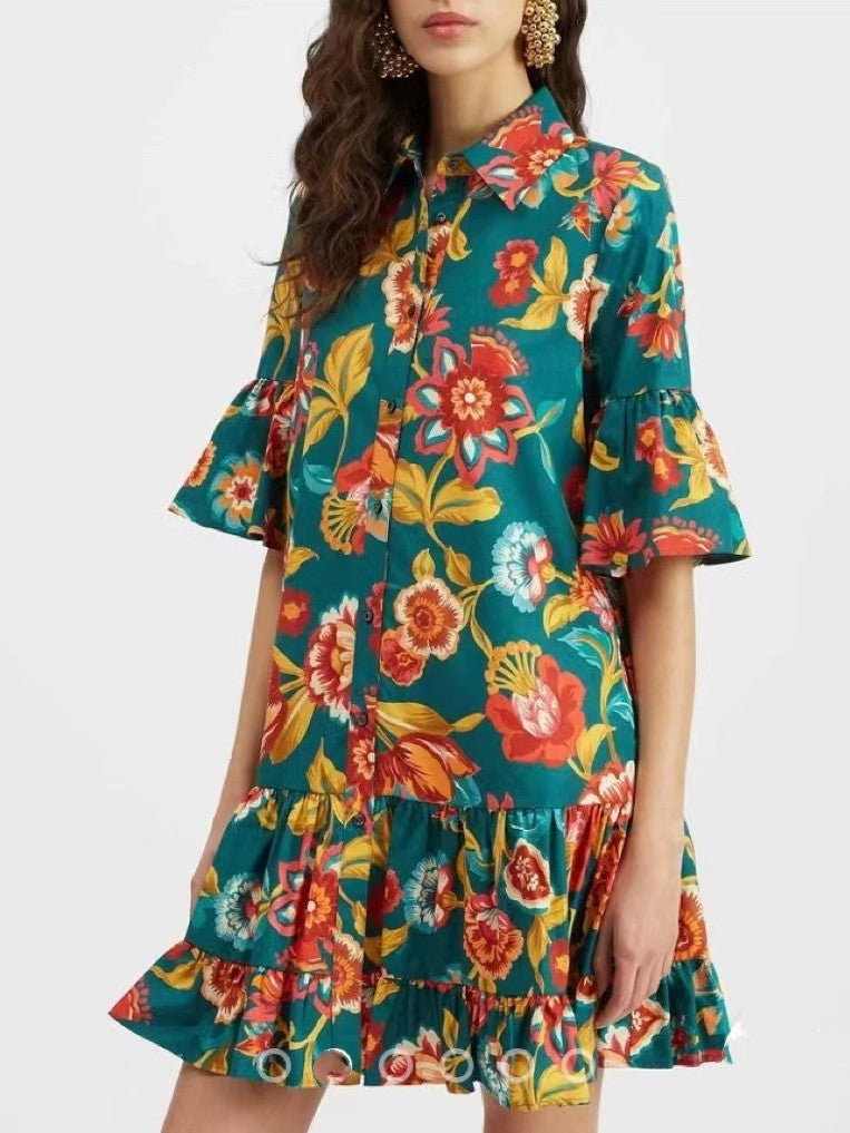 Printed Ruffle Hem Mini Shirt Dress - Green