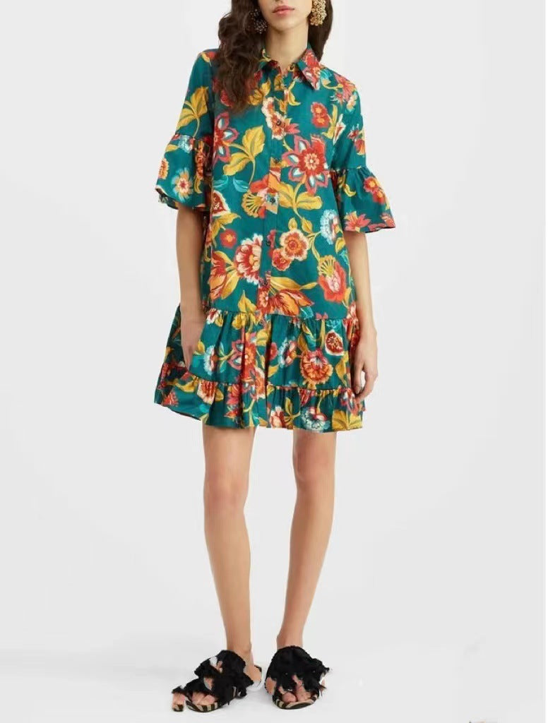 Printed Ruffle Hem Mini Shirt Dress - Green - 1