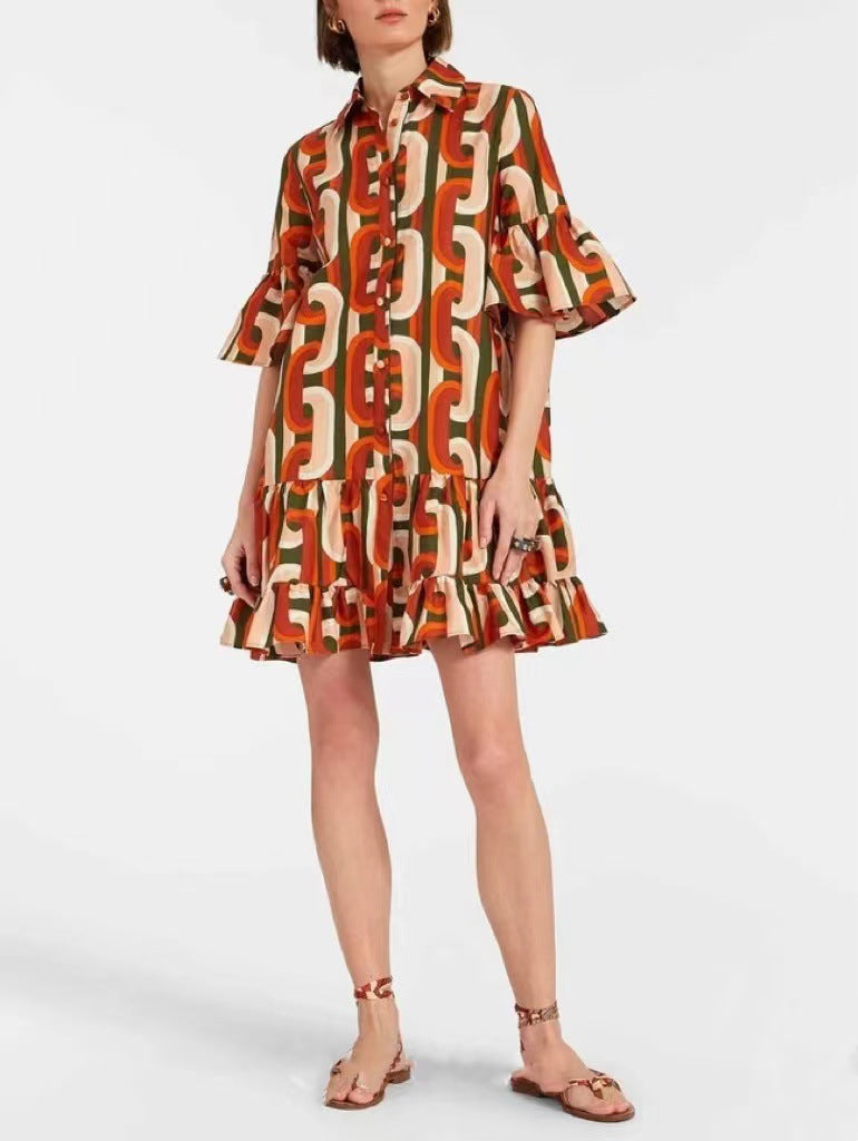Printed Ruffle Hem Mini Shirt Dress - Orange
