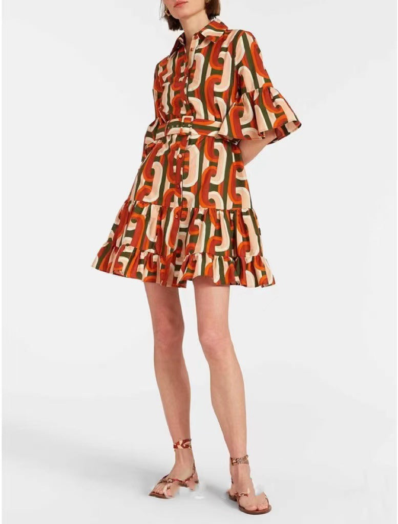 Printed Ruffle Hem Mini Shirt Dress - Orange - 1