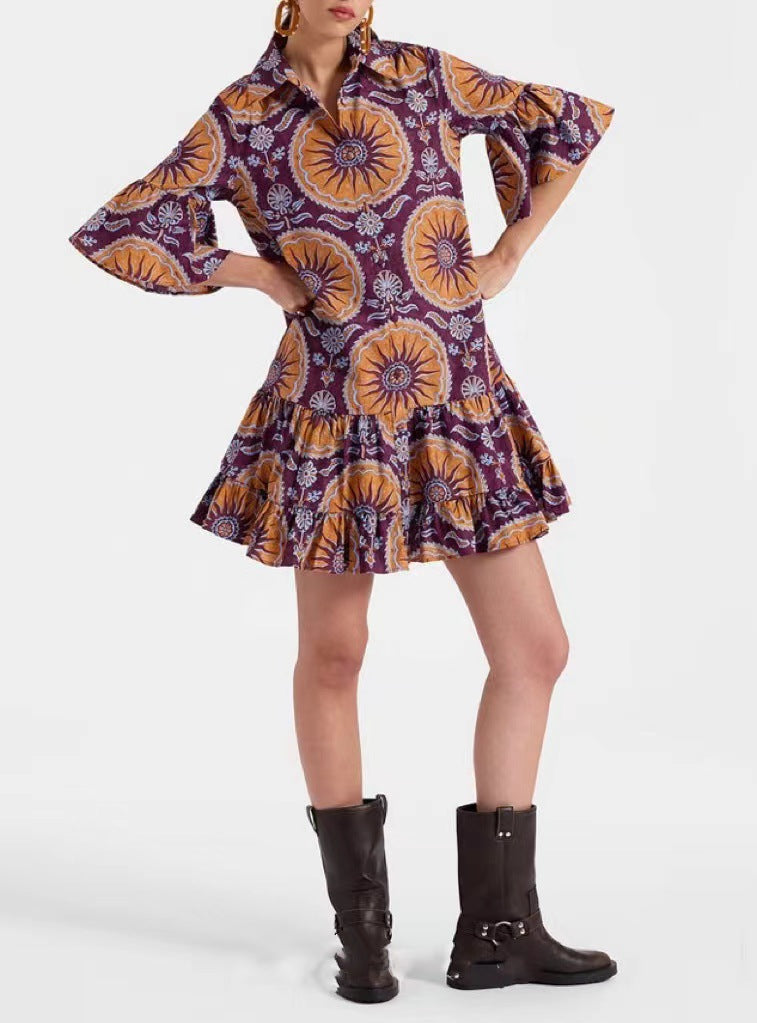 Printed Ruffle Hem Mini Shirt Dress - Purple