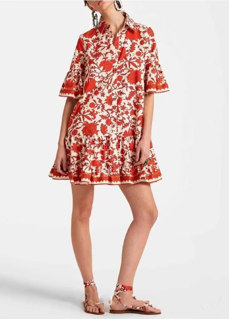 Printed Ruffle Hem Mini Shirt Dress - Red