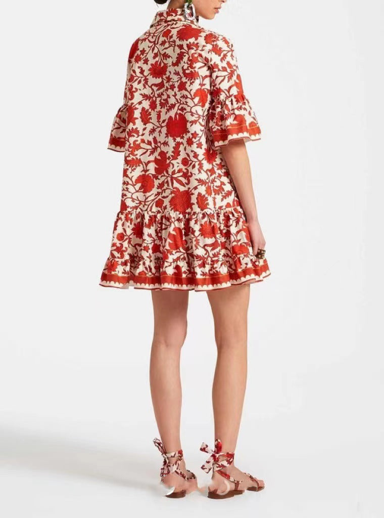 Printed Ruffle Hem Mini Shirt Dress - Red - 1