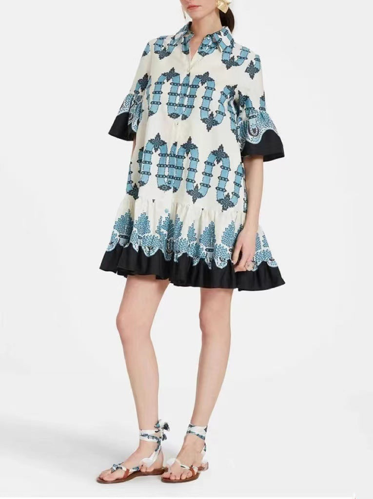Printed Ruffle Hem Mini Shirt Dress - SkyBlue