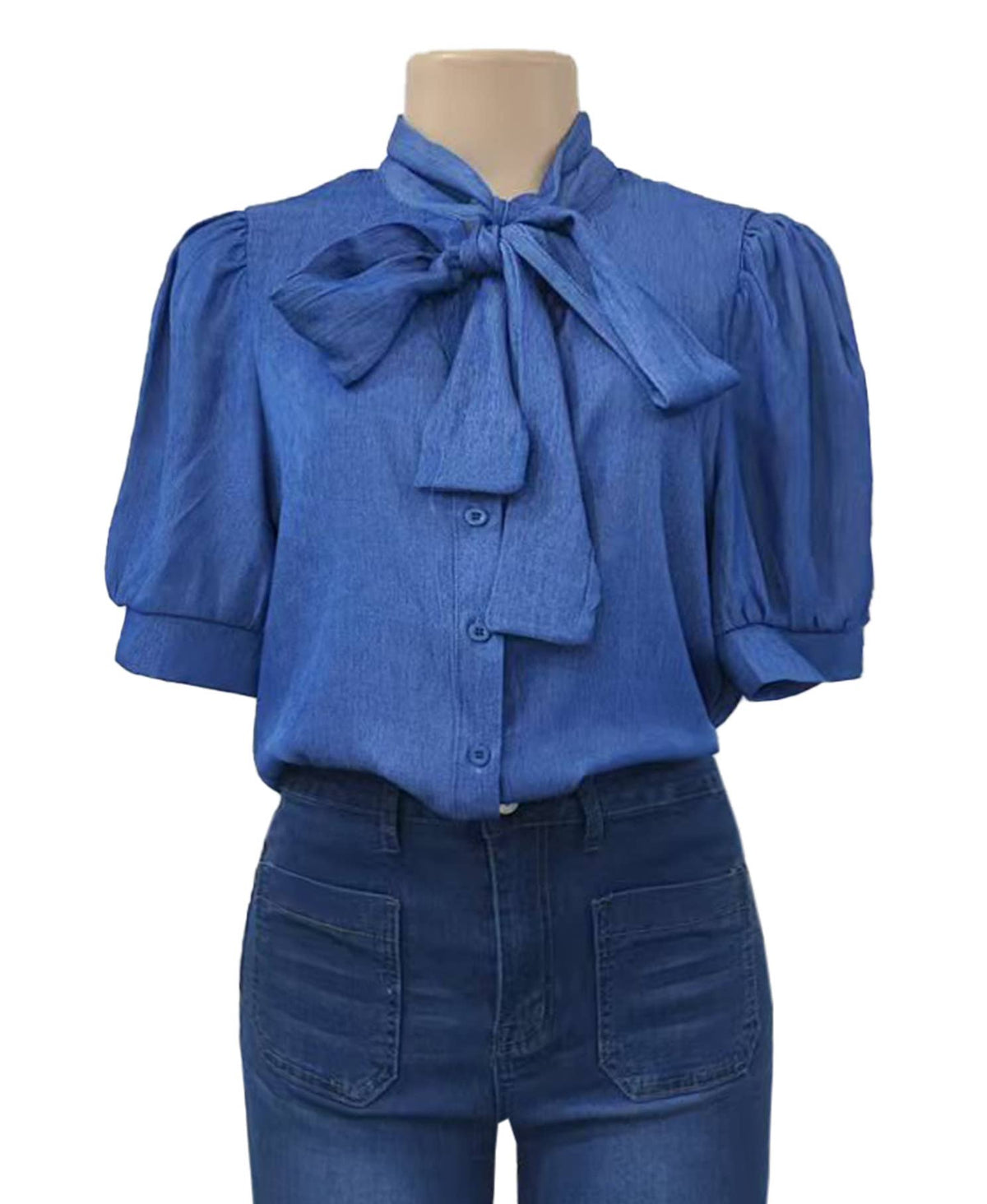 Denim Bow Tie Neck Puff Sleeve Shirt