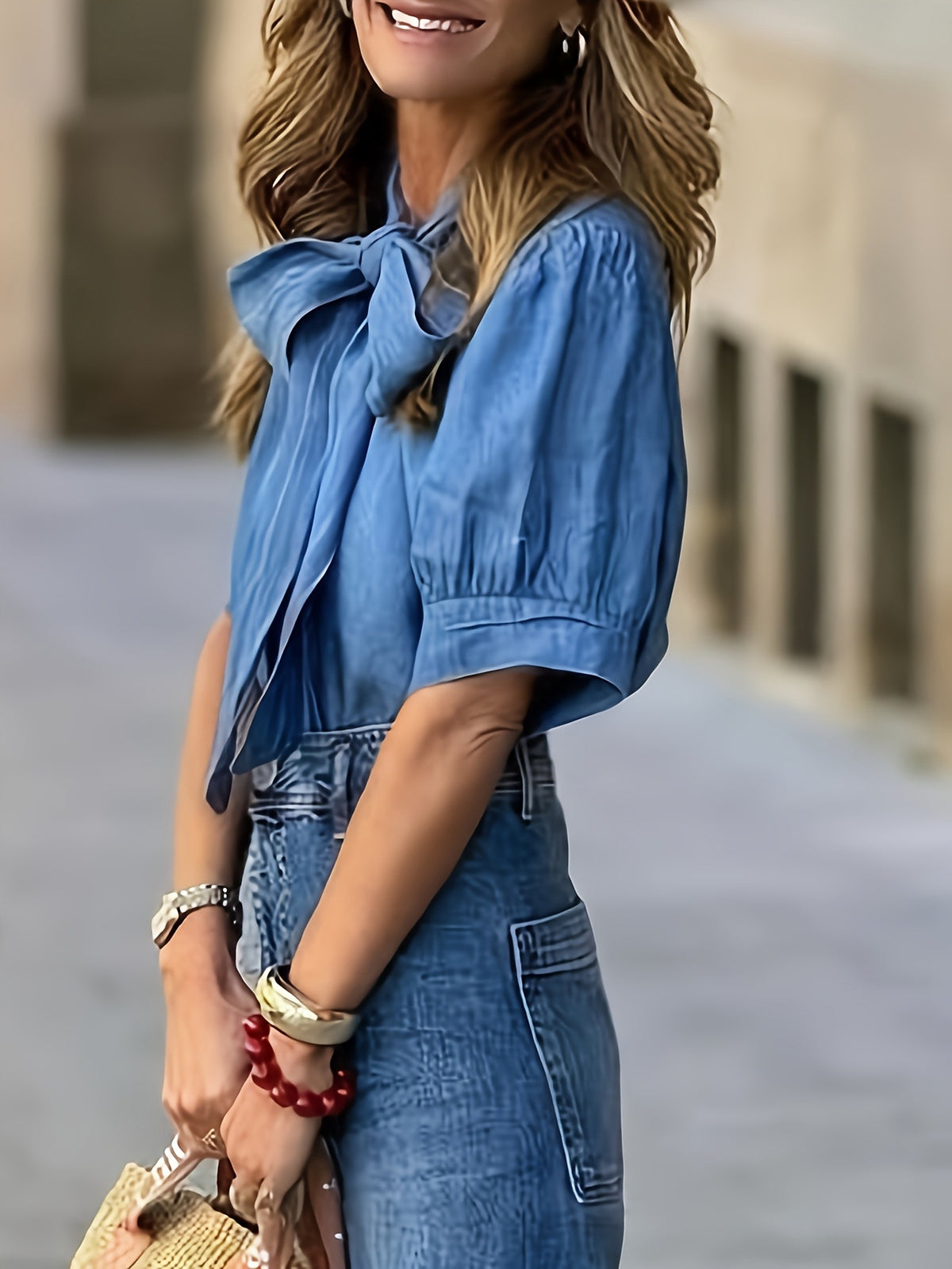 Denim Bow Tie Neck Puff Sleeve Shirt - view 1
