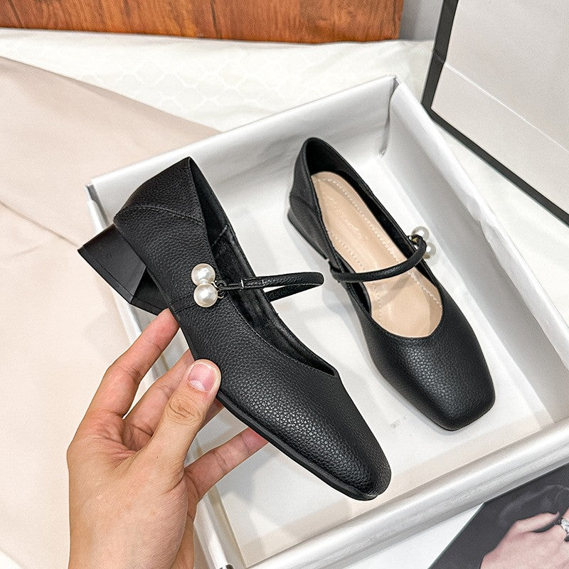 Pearl Charm Square Toe Mary Jane Pumps - Black 1.2in Heel