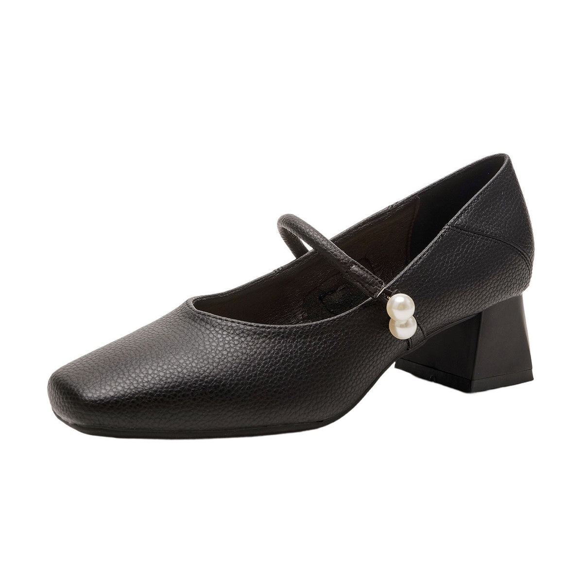Pearl Charm Square Toe Mary Jane Pumps - Black 2in Heel